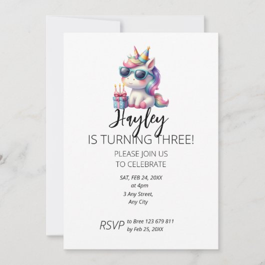 Kid`s Unicorn 3rd Birthday Invitation 招待状 (正面)