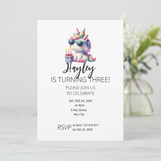 Kid`s Unicorn 3rd Birthday Invitation 招待状 (スタンド正面)