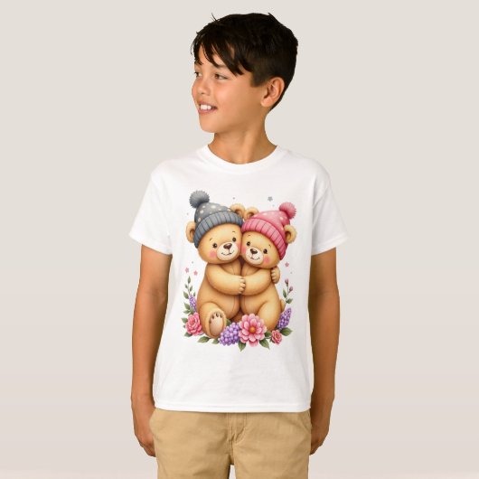 Kid T-Shirt With Two Teddy Bears With Caps Tシャツ (正面フル)