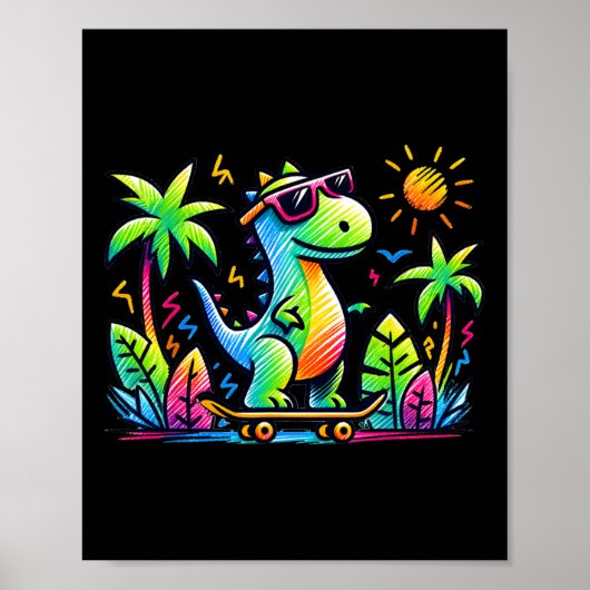 Kidcore Aesthetic Dinosaur Skateboarding Doodle Al ポスター (正面)
