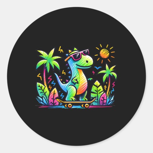 Kidcore Aesthetic Dinosaur Skateboarding Doodle Al ラウンドシール (正面)
