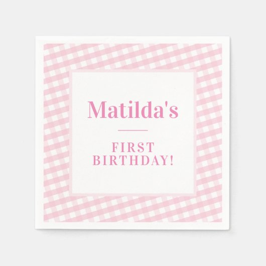 KIDSパーティーヴィンテージギンガムパターンガールピンク スタンダードカクテルナプキン (正面)