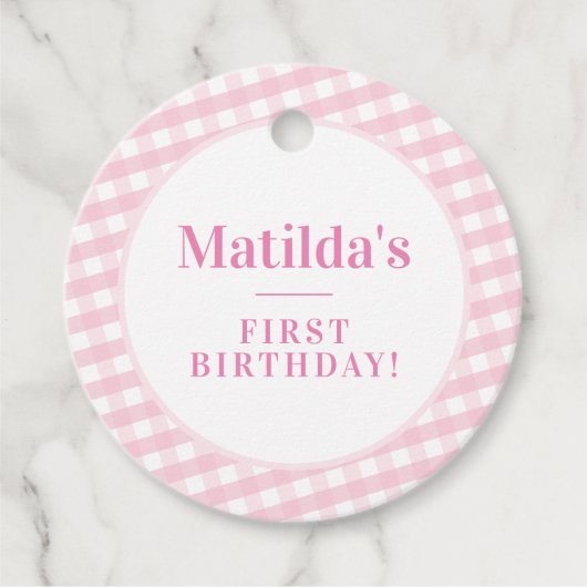 KIDSパーティーヴィンテージギンガムパターンガールピンク フェイバータグ (正面)