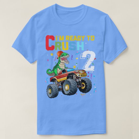Kids 2nd Birthday Boy Monster Truck Dinosaur T Rex Tシャツ (デザイン正面)