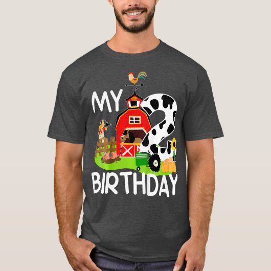 Kids 2nd Birthday Farm Tractor Pig Horse Cow Tシャツ (正面)