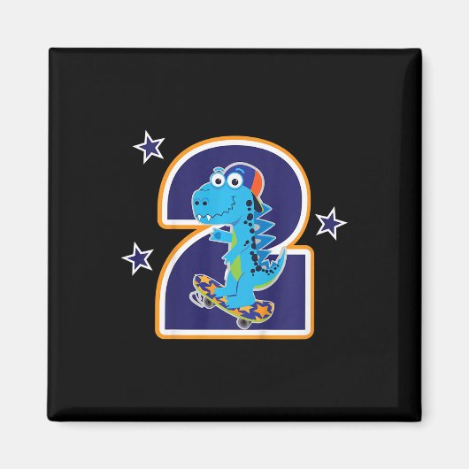 Kids 2nd Birthday Funny Dinosaur Skateboarding 2 Y マグネット (正面)
