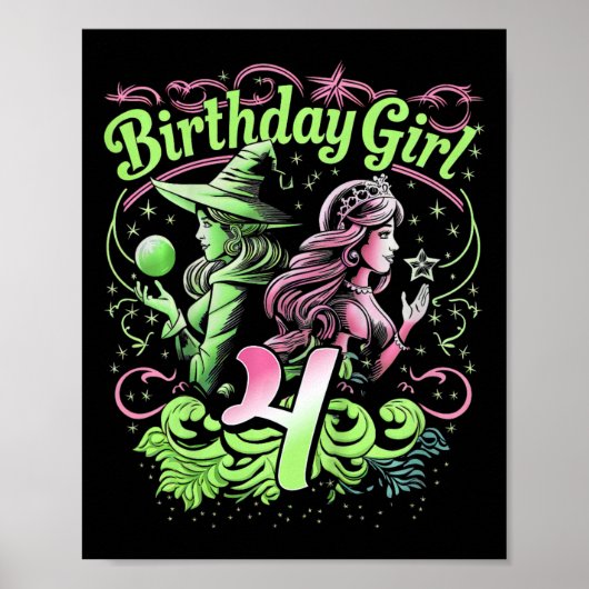 Kids 4th Birthday Witch Pink And Green 4 Years Old ポスター (正面)
