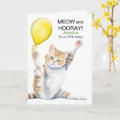 Kids 5th Birthday Cute Cartoon Cat with Name カード (黄色い花)