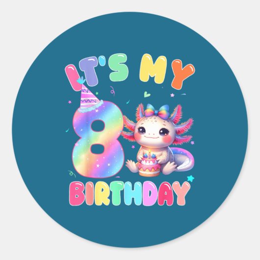 Kids 8 Year Old Bday Cute Axolotl It's My 8th Birt ラウンドシール (正面)