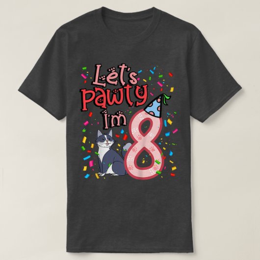 Kids 8th Birthday Girl Cat Let's pawty I'm 8  Tシャツ (デザイン正面)