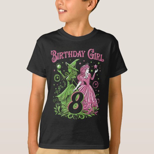 Kids 8th Birthday Witch Pink And Green 8 Years Old Tシャツ (正面)