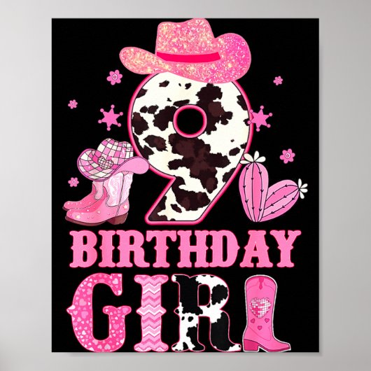 Kids 9th Birthday Girl Rodeo Western Cowgirl Birth ポスター (正面)