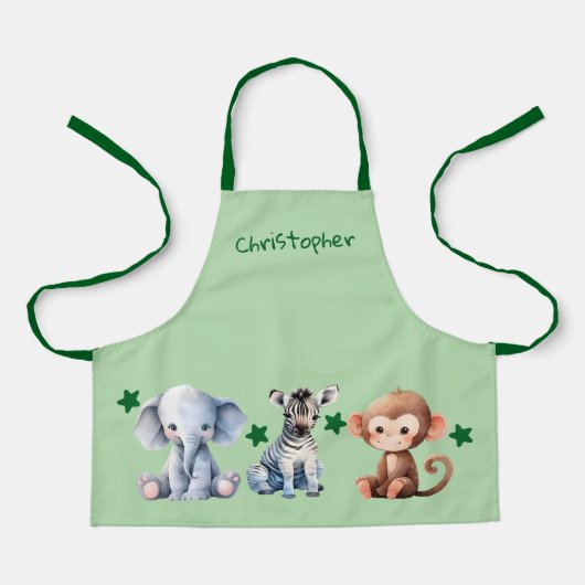Kid's add name cute animals stars green エプロン (正面)