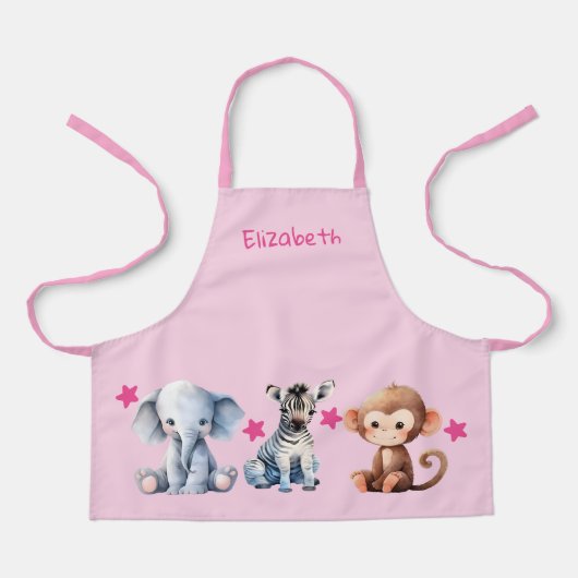 Kid's add name cute animals stars pink エプロン (正面)