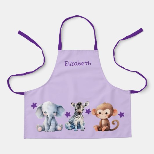 Kid's add name cute animals stars purple エプロン (正面)