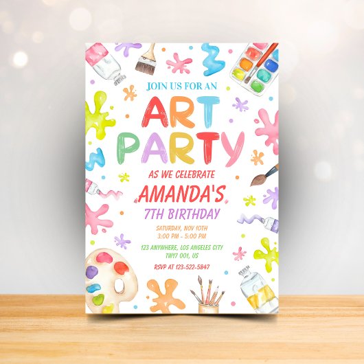 Kids Art Party Birthday Invitation Colorful Paint 招待状