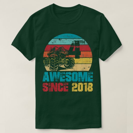 Kids Awesome Since 2018 4th Birthday Monster Truck Tシャツ (デザイン正面)