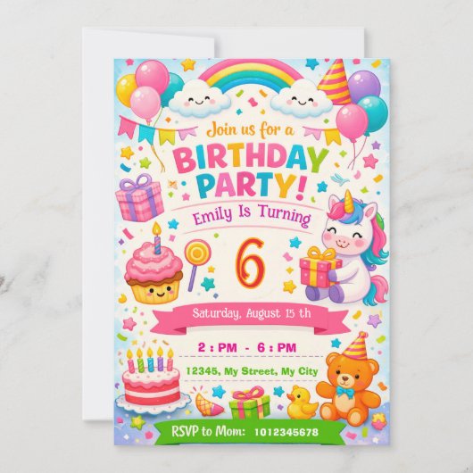 Kids Birthday Invitation | Unicorn, Balloons 招待状 (正面)