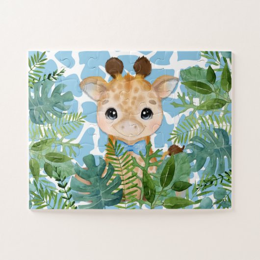 Kids Blue Jungle Giraffe in a Bow Tie ジグソーパズル (横)