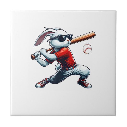 Kids Boys Happy Easter Bunny Playing Baseball East タイル (正面)