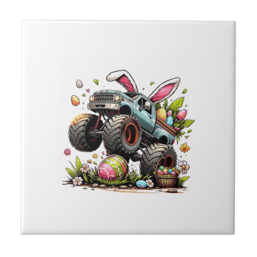 Kids Boys Happy Easter Day Bunny Monster Truck Egg タイル (正面)