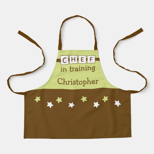 Kid's Chef name stars green brown エプロン (正面)
