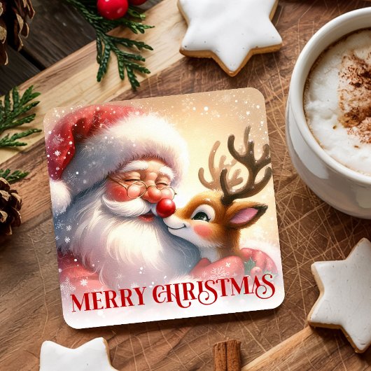 Kids Christmas Paper Coasters Santa Claus Rudolph スクエアペーパーコースター