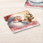 Kids Christmas Paper Coasters Santa Claus Rudolph スクエアペーパーコースター (アングル)
