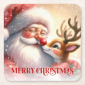 Kids Christmas Paper Coasters Santa Claus Rudolph スクエアペーパーコースター (正面)