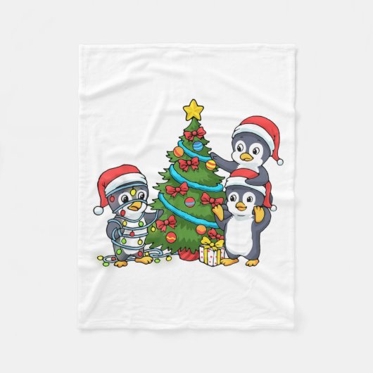 Kids Christmas Penguin Christmas Tree Lights Baubl フリースブランケット (正面)