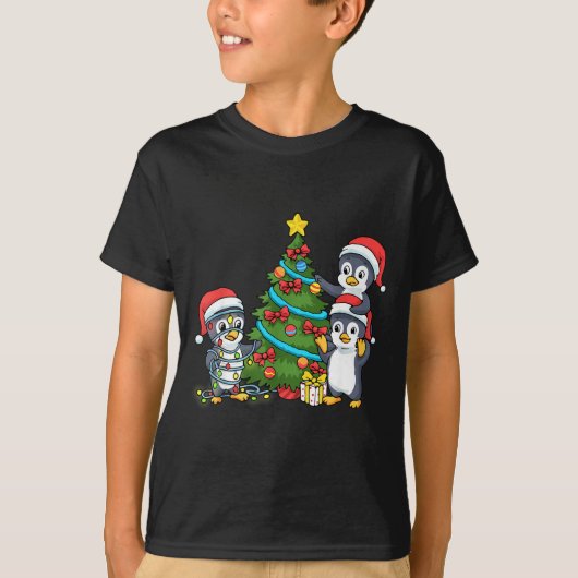 Kids Christmas Penguin Christmas Tree Lights Baubl Tシャツ (正面)