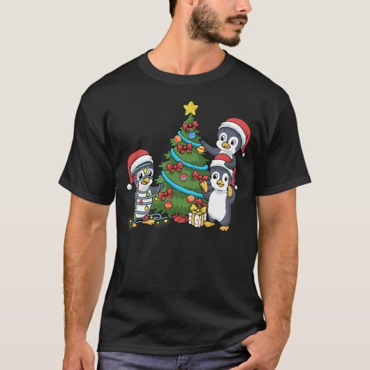 Kids Christmas Penguin Tshirt Christmas Tree Light Tシャツ (正面)
