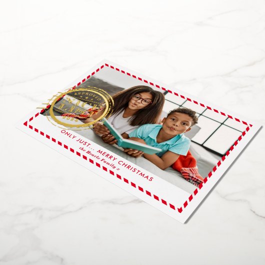 KIDS CHRISTMAS PHOTOおもしろい素敵なリストスタンプ赤金ゴールド 箔シーズンカード (回転した状態)