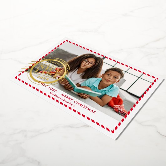 KIDS CHRISTMAS PHOTOおもしろい素敵なリストスタンプ赤金ゴールド 箔シーズンカード (回転した状態)