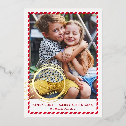 KIDS CHRISTMAS PHOTOかわいい素敵なリストスタンプ赤金ゴールド 箔シーズンカード (正面)