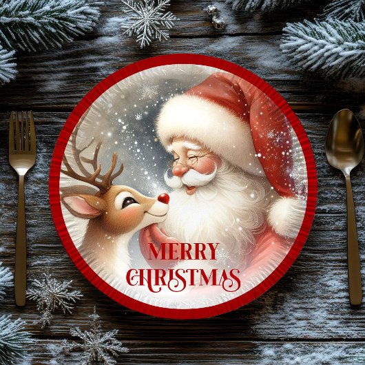 Kids Christmas Plates with Cute Santa and Rudolph ペーパープレート