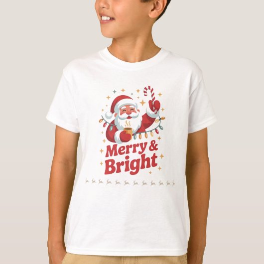 Kids Christmas T-Shirt – Merry & Bright with Santa Tシャツ (正面)