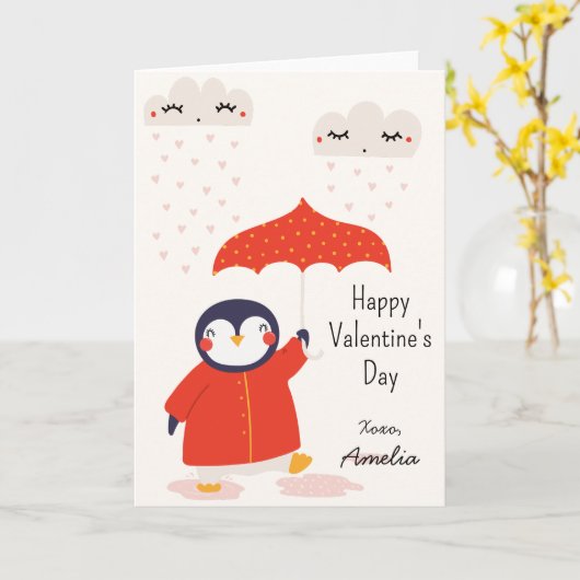 Kids Classroom Cute Penguin Valentine's Day カード (黄色い花)