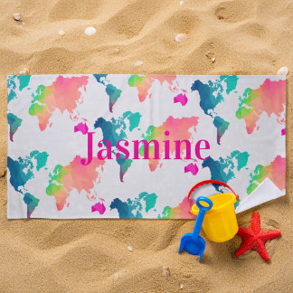 Kids Colorful World Map Personalized Name Monogram ビーチタオル