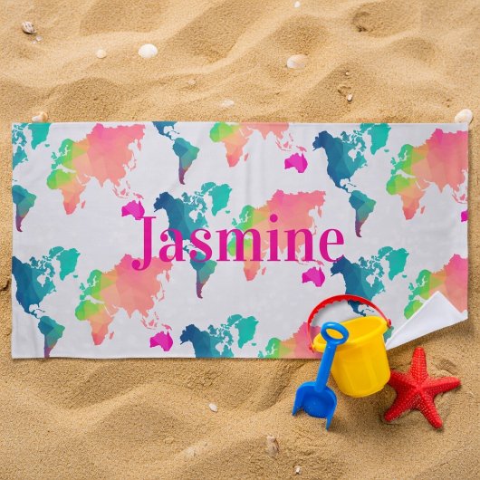 Kids Colorful World Map Personalized Name Monogram ビーチタオル