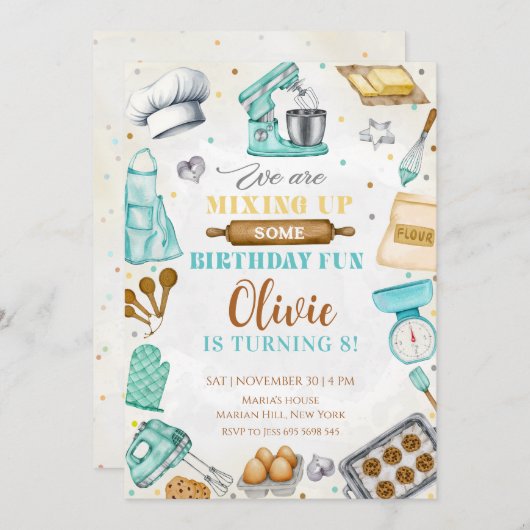 Kids Cooking Birthday, Kitchen Baking Chef  招待状 (正面/裏面)