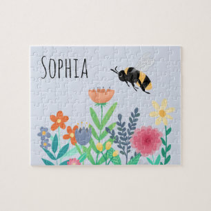 Kids Cute and Whimsical Bumblebee Bee and Flowers ジグソーパズル