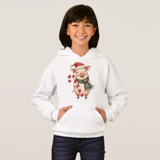 Kids Cute Christmas Pig with Candy Cane Hoodie (正面フル)