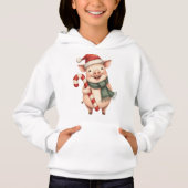 Kids Cute Christmas Pig with Candy Cane Hoodie (正面)