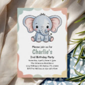 Kids Cute Green Elephant 2nd Birthday Party 招待状