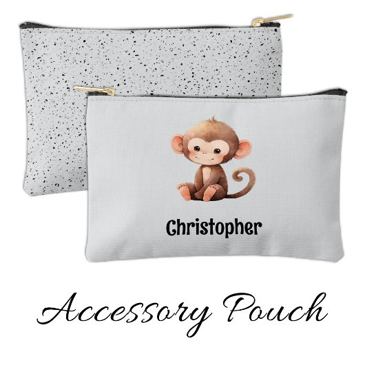 Kids cute monkey add a name grey black アクセサリーポーチ