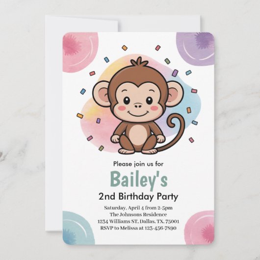 Kids Cute Monkey Jungle Birthday Party 招待状 (正面)