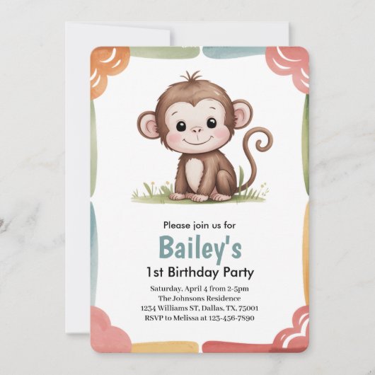 Kids Cute Monkey Jungle Birthday Party 招待状 (正面)
