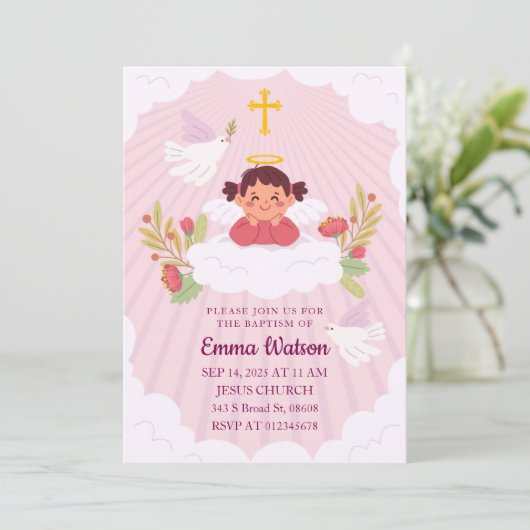 Kids Cute Pink Baby Girl Baptism Christening 招待状 (スタンド正面)
