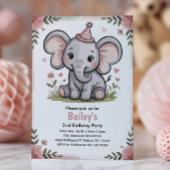 Kids Cute Pink Elephant 2nd Birthday Party 招待状